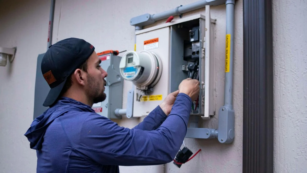 HVAC technician working on electrical components of a system in Tucson, Arizona
