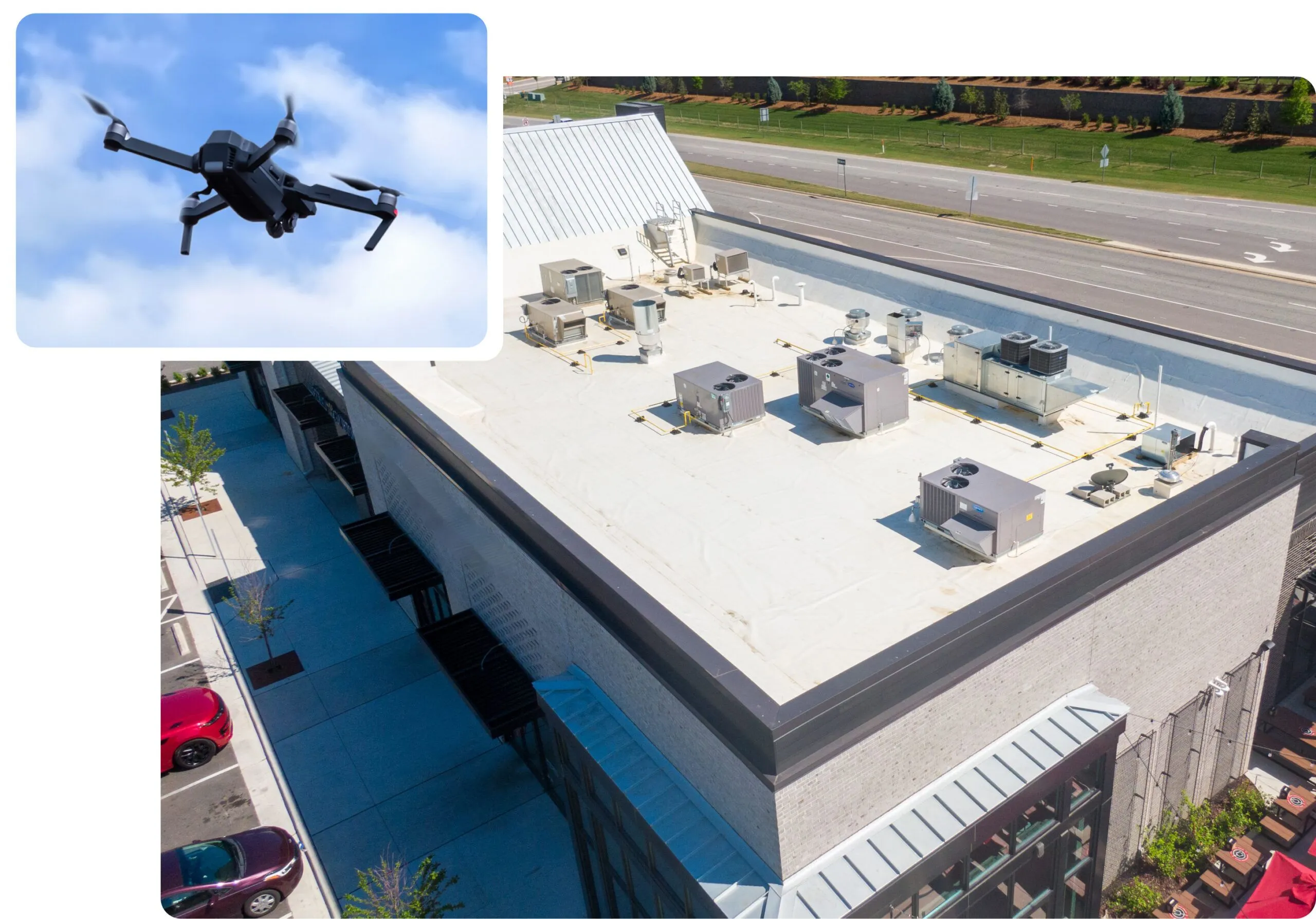 Commercial roof drone inspection by Lyons Roofing in Tucson